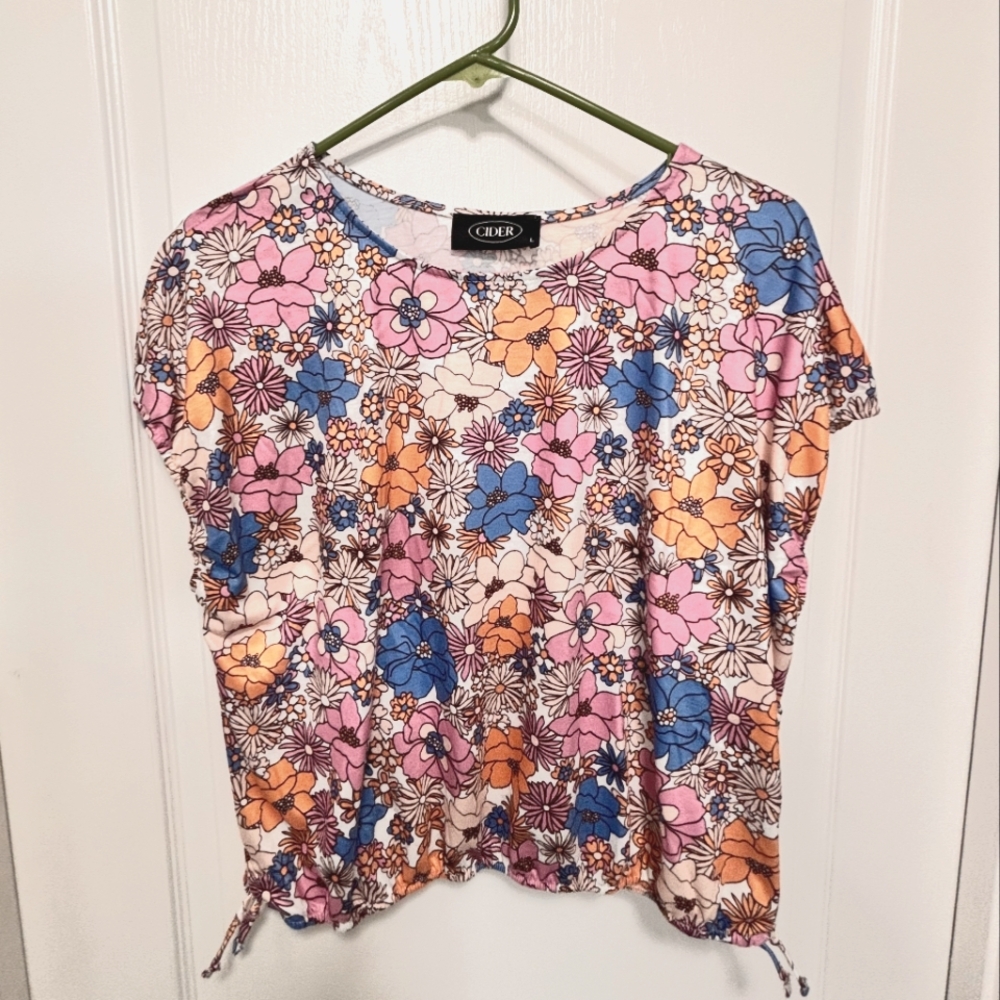 Cider Vintage Look Floral Pink and Blue Ruched Crop Top